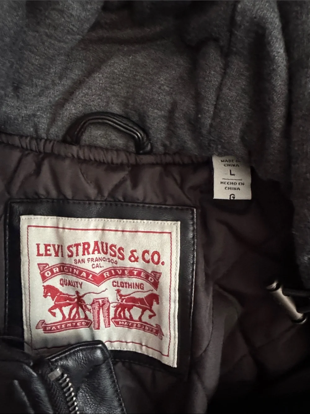 Levi's Black Faux Leather Bomber Jacket with Gray Hood